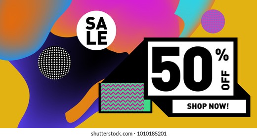 Vector sale 50% discount and promotion banner. Fluid and liquid colorful background design template. Eps10.