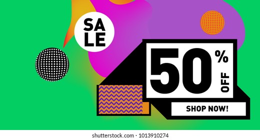 Vector sale 50% discount and promotion banner. Fluid and liquid colorful background design template. Eps10.