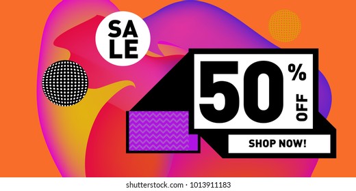 Vector sale 50% discount and promotion banner. Fluid and liquid colorful background design template. Eps10.