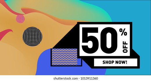 Vector sale 50% discount and promotion banner. Fluid and liquid colorful background design template. Eps10.