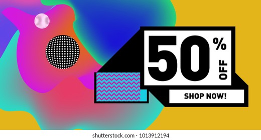 Vector sale 50% discount and promotion banner. Fluid and liquid colorful background design template. Eps10.