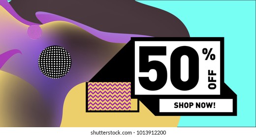 Vector sale 50% discount and promotion banner. Fluid and liquid colorful background design template. Eps10.