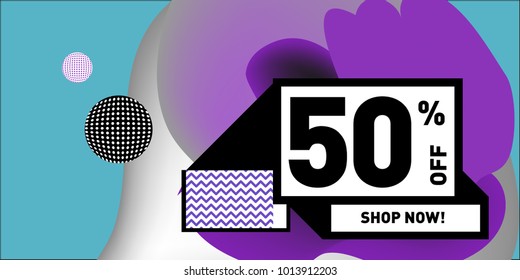 Vector sale 50% discount and promotion banner. Fluid and liquid colorful background design template. Eps10.