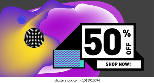 Vector sale 50% discount and promotion banner. Fluid and liquid colorful background design template. Eps10.
