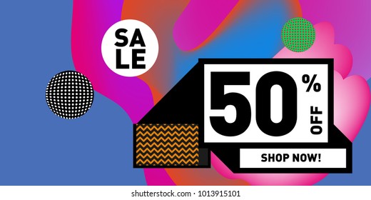 Vector sale 50% discount and promotion banner. Fluid and liquid colorful background design template. Eps10.