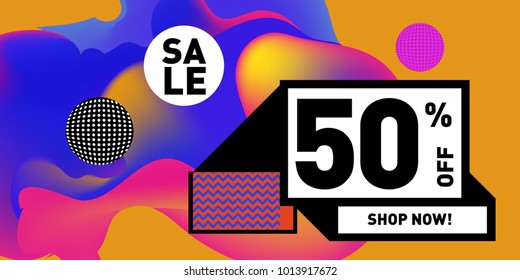 Vector sale 50% discount and promotion banner. Fluid and liquid colorful background design template. Eps10.