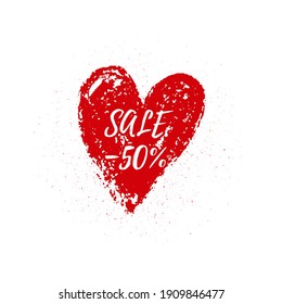 Vector. Sale 50 off. Red paint brush heart. Happy Valentine Day background. Valentines love poster with texture. Illustration