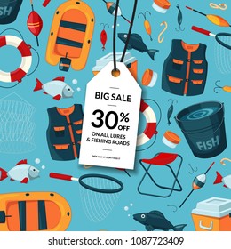 Vector sale background with cartoon fishing equipment