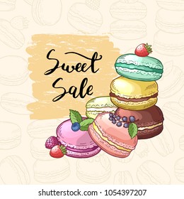 Vector sale background with colored hand drawn macaroons for pastry shop. Macaroon and cake vintage, colored confectionery illustration
