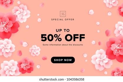 Vector sale background design with beautiful flowers on peach pink background - poster template, brochure, website banner, email header, discount voucher, advertising