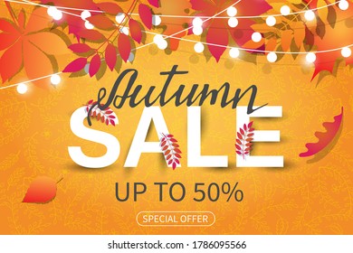Vector Sale banner with autumn leaves and garland on orange background. Special Offer, up to 50%. flyer, brochure. Lettering. Advertising