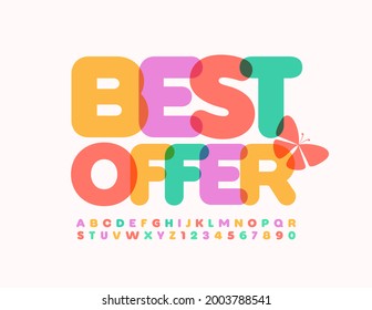 Vector sale banner Best Offer with Decorative Butterfly. Creative colorful Font. Artistic set of Alphabet Letters and Numbers