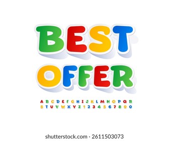 Vector Sale banner Best Offer. Colorful Paper Font. Funny Sticker style Alphabet Letters and Numbers set