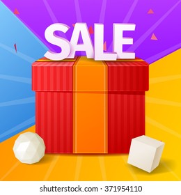 Vector sale banner with colorful background, sale text with gift box, 