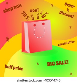 Vector sale banner. Colorful bright poster with shopping bag. 