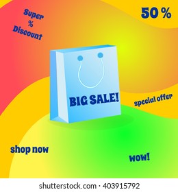 Vector sale banner. Colorful bright poster with shopping bag. 