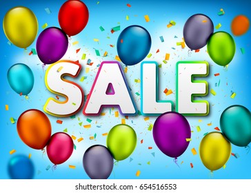 Vector sale banner with confetti, multicolored air balloons on sky background. Summer design template for promotion, poster, flyer.