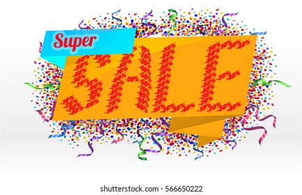 Vector sale banner created from labels in isometric view with confetti background 
