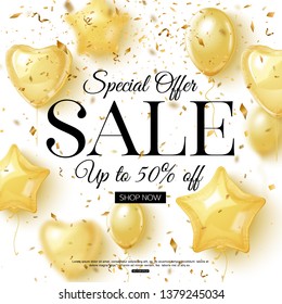 Vector sale banner design. Gold balloons and confetti.