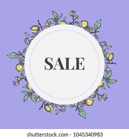Diseño de banner de venta vectorial con limones y flores de limón dibujados a mano. Plantilla de placa editable con hojas de limón y ramas de flores. 