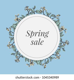 Vector sale banner design with lemons and lemon flowers hand drawn elements. Editable badge template with lemon leaves and branches wreath. 