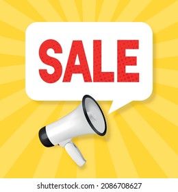 Vector Sale Banner Design Template with 3d Realistic White Megaphone and Speech Bubble on Yellow Background. Shopping, Discount Background. Big Sale Special Offer Concept