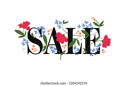 Vector sale banner with flora isolated on white. Cute colorful flat red and blue flowers and leafs. Advertising design poster for summer and spring events, stores, social network.