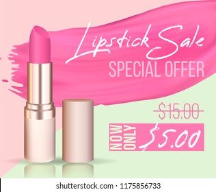 Vector sale banner with lipstick stoke and lipstick. Good for salons, beauty shops.	