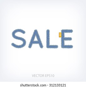 Vector Sale banner made of blue denim textured stitched letters with a ribbon tag
