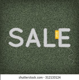 Vector Sale banner made of canvas textured stitched letters with a ribbon tag on a green denim background