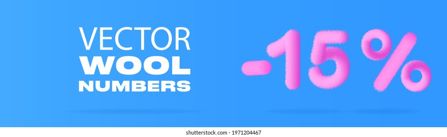 Vector sale banner with minus 15 percent discount in the form of pink wool on a blue background. The concept of discounts, goods, promotions. Web site design template for online store with delivery 