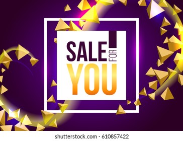 Vector sale banner on abstract triangle luxury color gold wave design background. Vector illustration with 3D triangles for marketing, banner, poster, brochure, club event, magic template design
