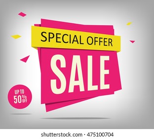 Vector sale banner on a gray background, sale poster, sale tag. Discount pink poster with badge. Special offer, sale image. Vector illustrration, eps 10