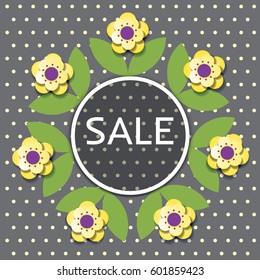 Vector Sale banner in paper cut style with white round frame. Discount card for spring / summer season with cute flowers on the polka dot background.