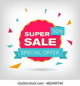 Vector sale banner. Pink and orange discount poster. Super sale badge with blue ribbon. Special offer 50%. Elements for web design, advertising and promotion