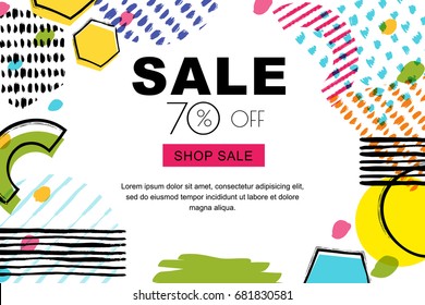 Vector sale banner, poster background. Abstract doodle texture and geometric shapes on white background. Layout for discount labels, flyers and shopping.