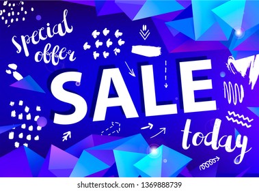 Vector sale banner, poster with hand drawn doodle elements. 3d origami facet shapes promo posters, banners