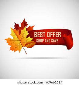 Vector sale banner with ribbon on the autumn leaves.