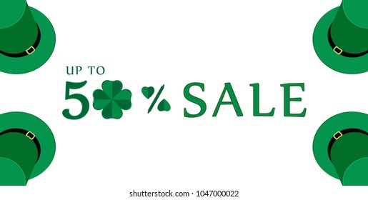 Vector sale banner for Saint Patrick's Day with hats, clover and percentage sign made of hearts