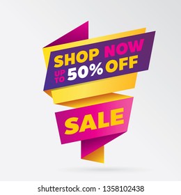 vector sale banner template design, up to 50% off.