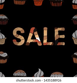 Vector. Sale banner template design. Illustration in black, beige and orange colors. Simple patches, poster, badges in cute art style. Seamless. Lettering.