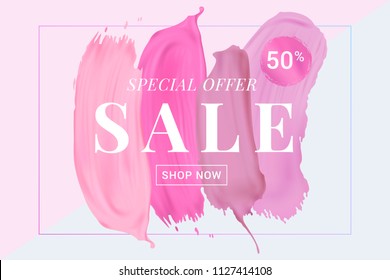 Vector sale banner with text on lipstick stokes background. Good for salons, beauty shops.