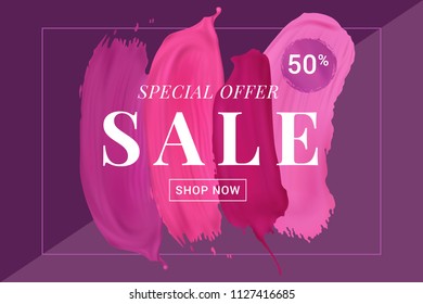 Vector sale banner with text on lipstick stokes background. Good for salons, beauty shops.