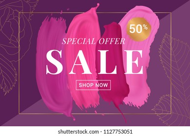 Vector sale banner with text on lipstick stokes background and golden decorative elements. Good for salons, beauty shops.