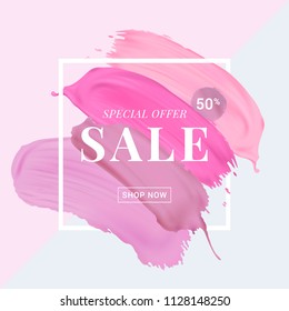 Vector sale banner with text on lipstick stokes background. Good for salons, beauty shops.