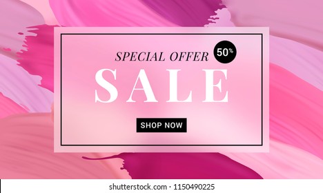 Vector sale banner with text on lipstick stokes background. Good for salons, beauty shops.