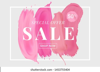 Vector sale banner with text on lipstick stokes background. Good for salons, beauty shops.