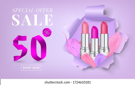 Vector sale banner with text on a torn paper background with round-shaped hole and rolled upsides, with lipsticks and lipstick strokes in it. Good for salons, beauty shops.