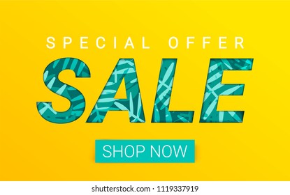 Vector sale banner with tropical leaves. Summer exotic background. Paper cut template design.