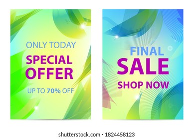 Vector sale banner with tropical leaves background, exotic floral design for banner, flyer, invitation, poster, web site or greeting card. Green shiny